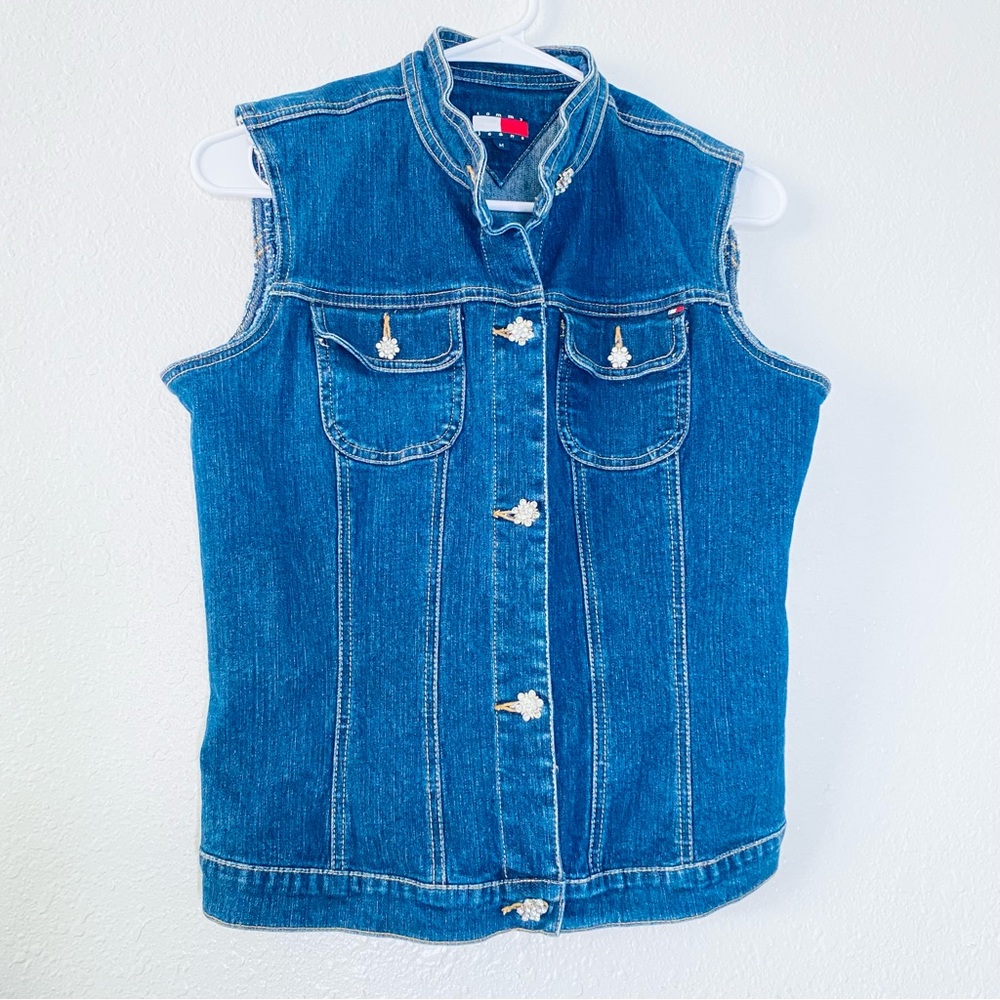 🍓 Tommy Hilfiger Jeans Boho Floral Jeweled Button Denim Vest Medium